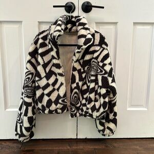 Urban Outfitters black/cream cropped fleece zip up Psychedelic butterfly pattern